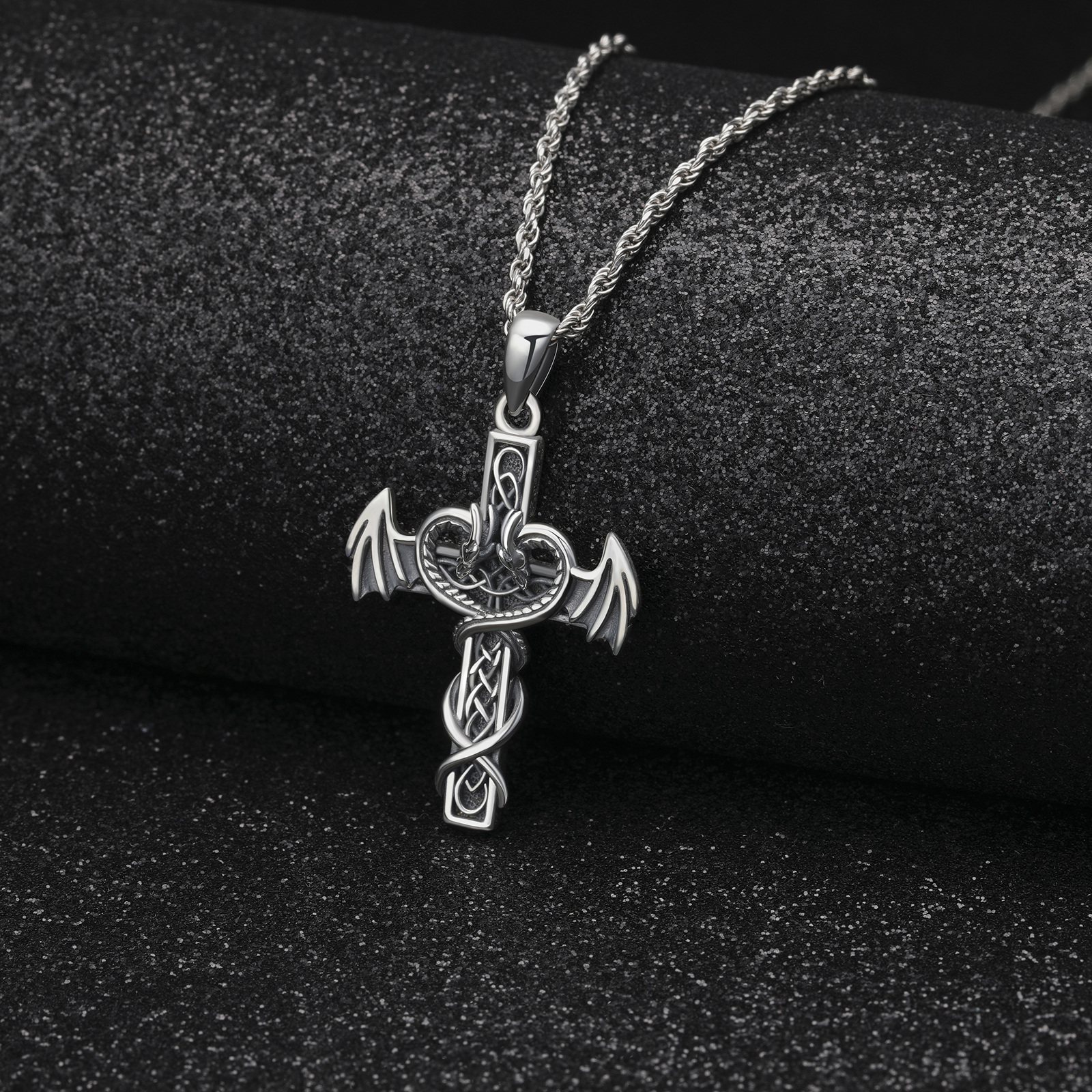 925 Sterling Silver Dragon Cross Pendant Necklace